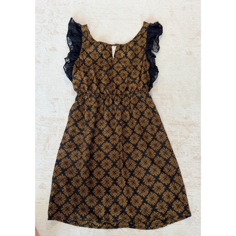 Maple 100% Silk Mini Dress Black Gold Damask Lace Ruffle Back Small
